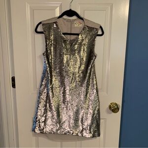 Joyfolie reversible sequin champagne tan zipper dress